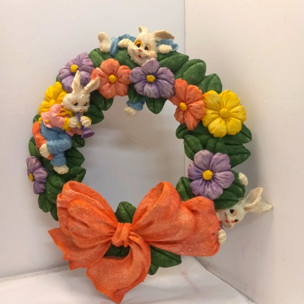 Vintage 90's  Easter Bunny Flowers Resin Wreath 13" diameter  Vintage Collec…